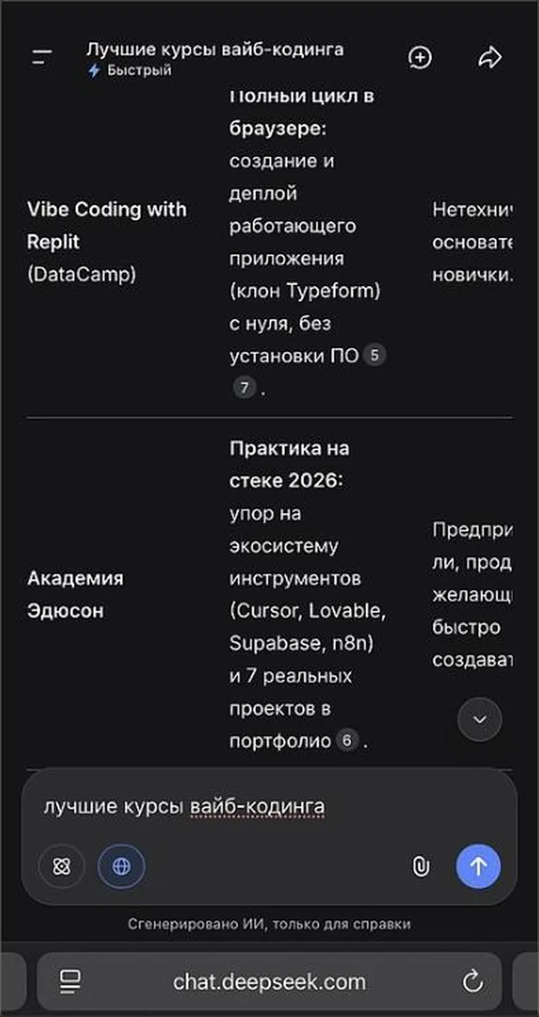 Ответ DeepSeek: таблица курсов с Академией Эдюсон и описанием практики на стеке 2026 года