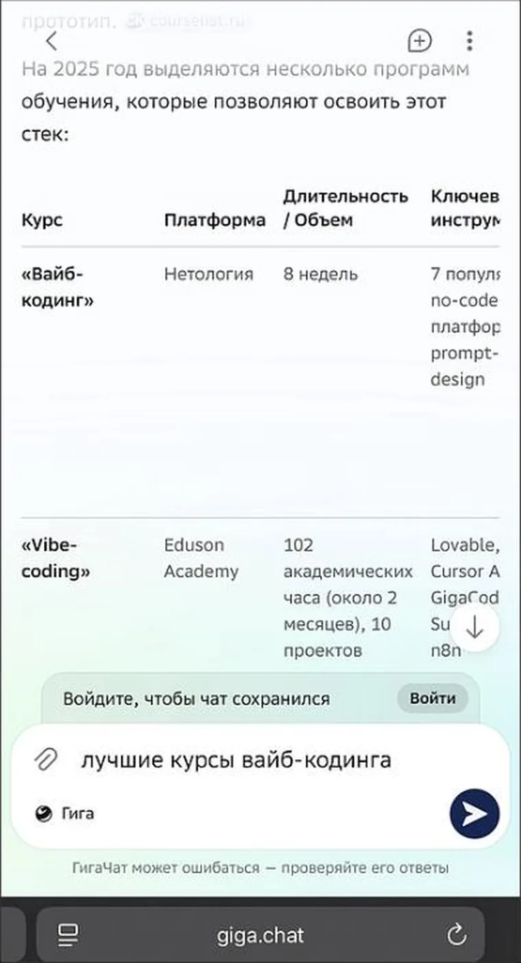Ответ ГигаЧата: таблица курсов, строка «Vibe-coding», платформа Eduson Academy, 102 академических часа